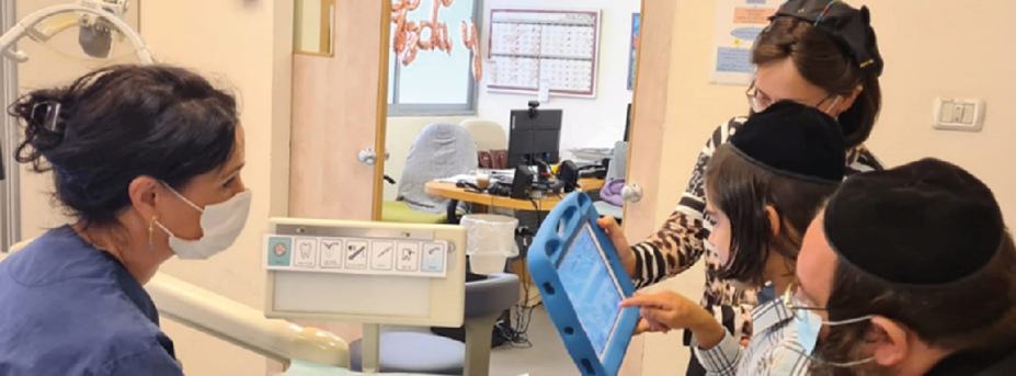 Patients are gradually introduced to dental instruments and staff according to their cognitive level.