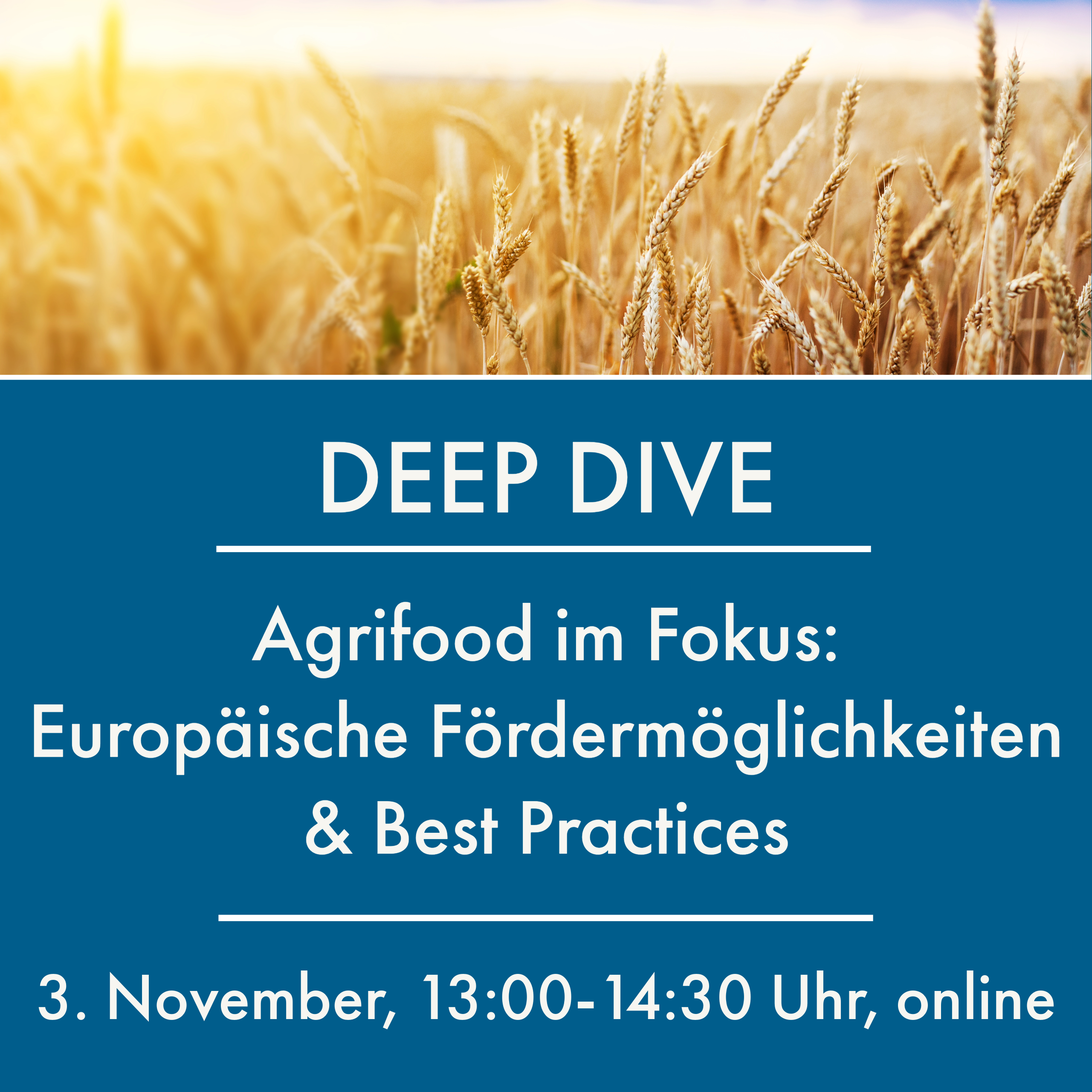 Deep Dive "Agrifood im Fokus: Europäische Fördermöglichkeiten & Best Practices", 3. November, 13:00-14:30 Uhr, online
