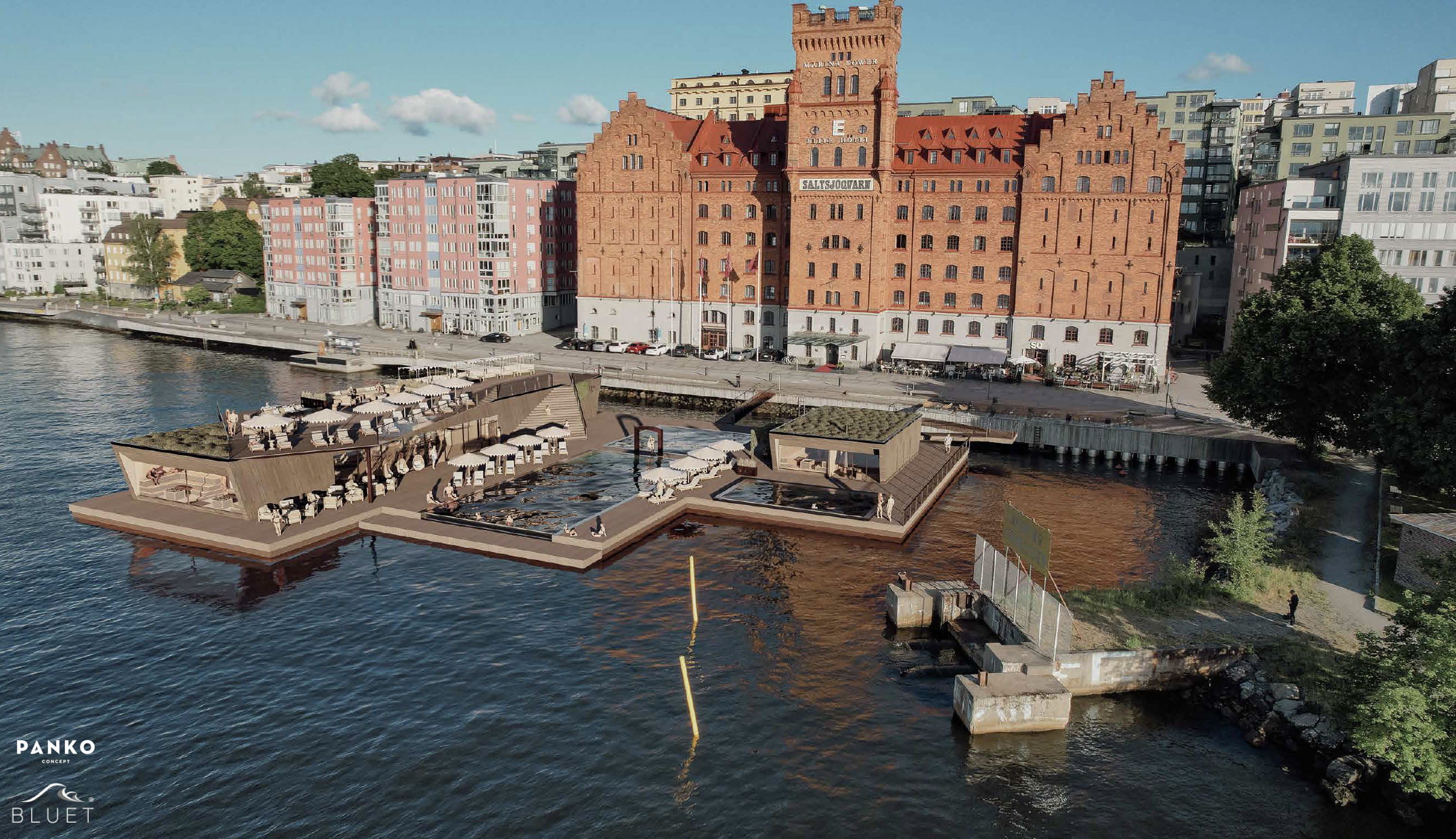 Floating wellness facilities concept to be realised at Elite Hotel Marina Tower, Nacka, Sweden. In collaboration with Panko.