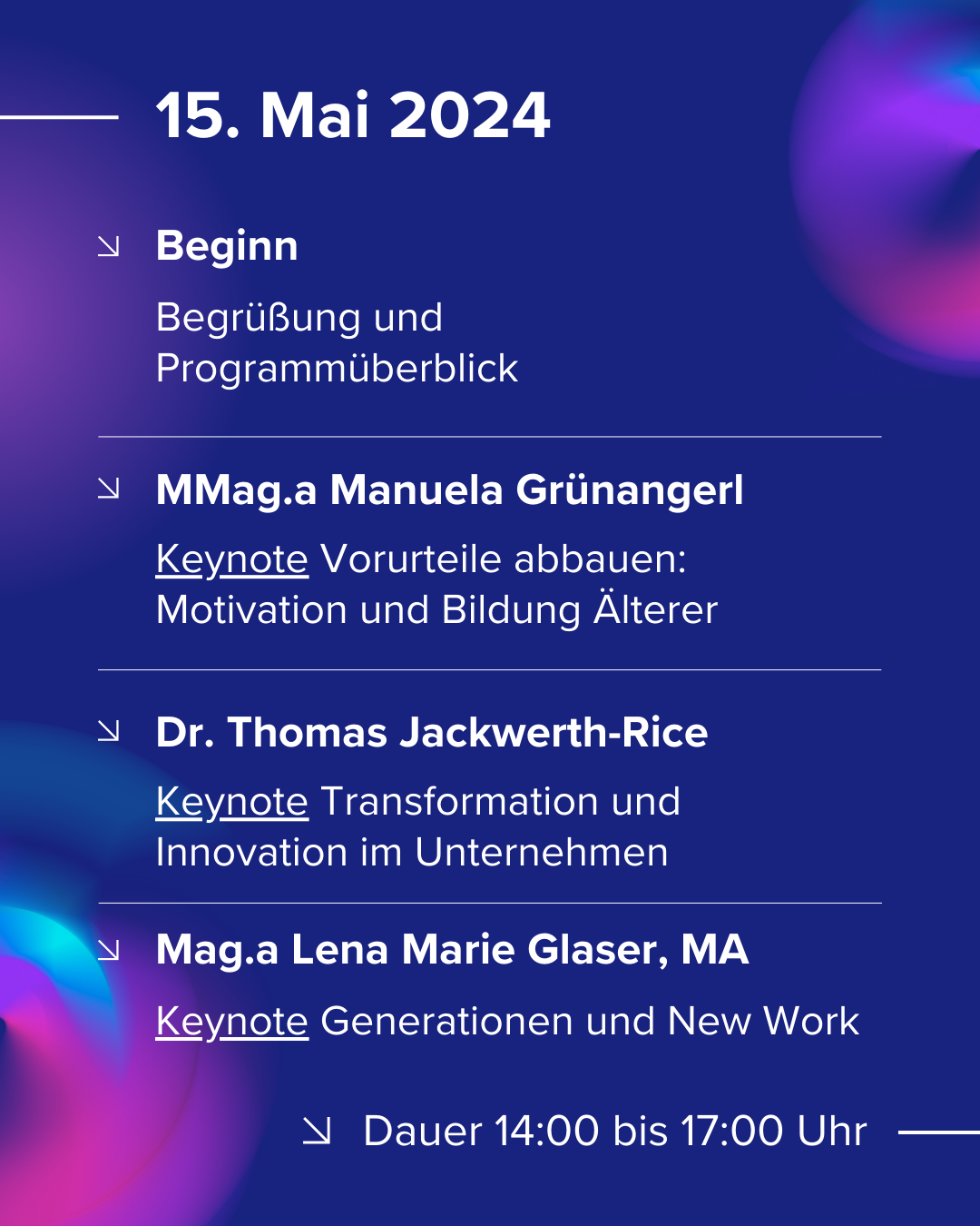 15. Mai von 14:00-17:00 Uhr, Beginn und Begrüßung, Keynotes 1-3