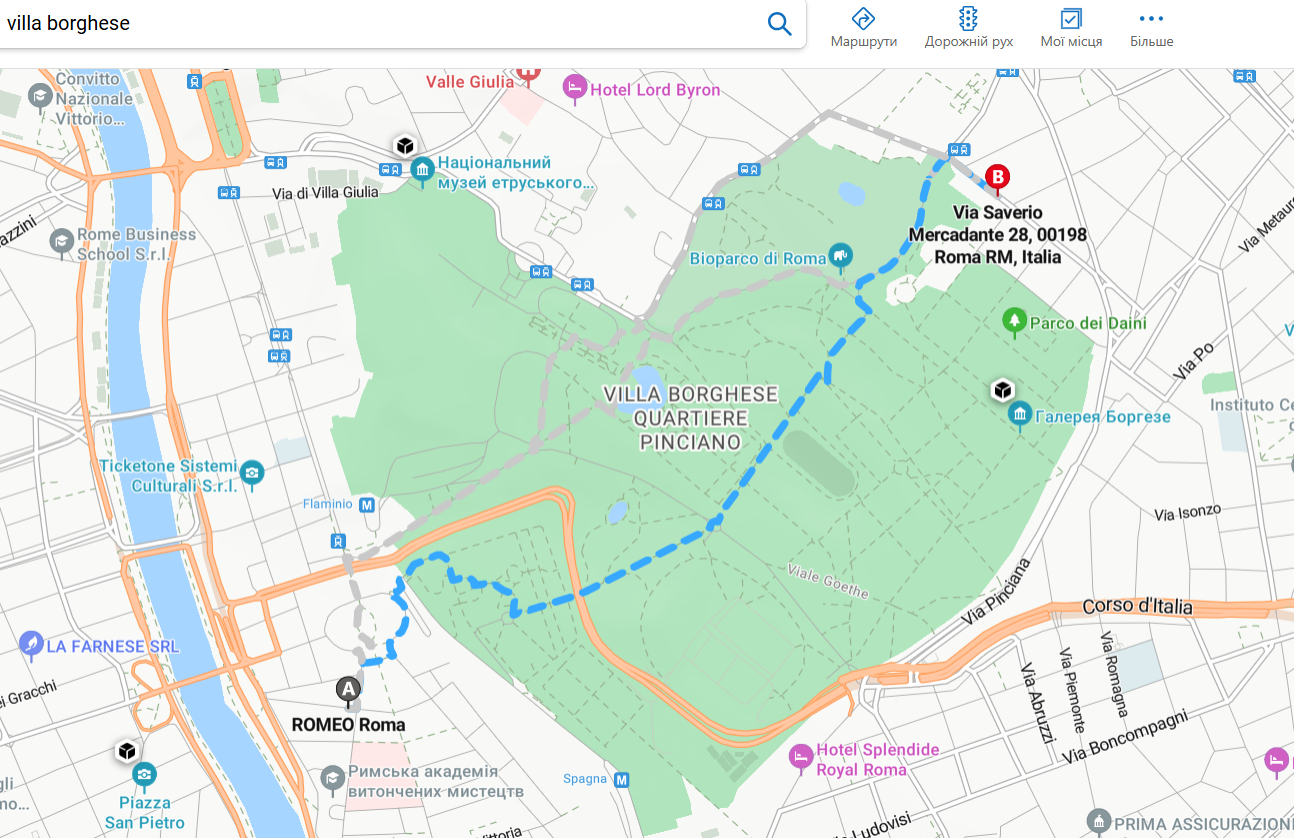 Session location Route: Romeo Rome Hotel → Villa Borghese → Villa Astaldi