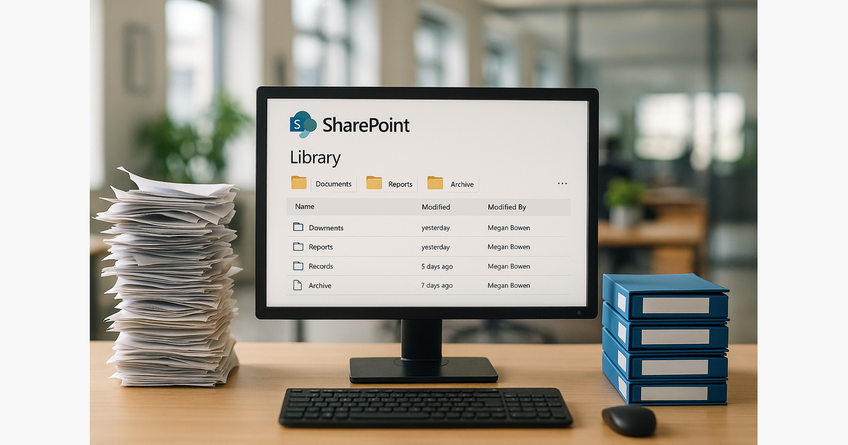 Transition from paper chaos to organized SharePoint library – centralized documents and easy search.