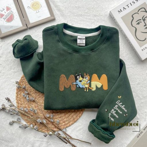 Bluey Mom Embroidered Sweatshirt, Custom Funny Dog Mom Embroidered Hoodie With children's names Gift For Mother's Day