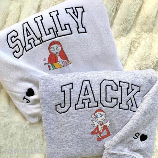 Cute Jack And Sally Embroidered Sweatshirt, Jack and Sally Embroidered Sweater, Custom Name Couple Nike Embroidered Sweatershirt, Basic Nike Embroidered Sweatershirt,