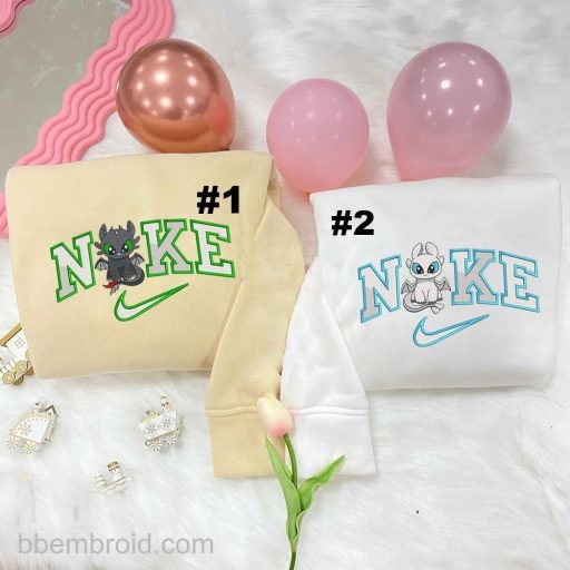 Cute Toothless and Light Fury Disney Nike Embroidered Sweatshirt, Nike Embroidered Sweatshirt For Couple, Cheap Embroidered Sweatshirt