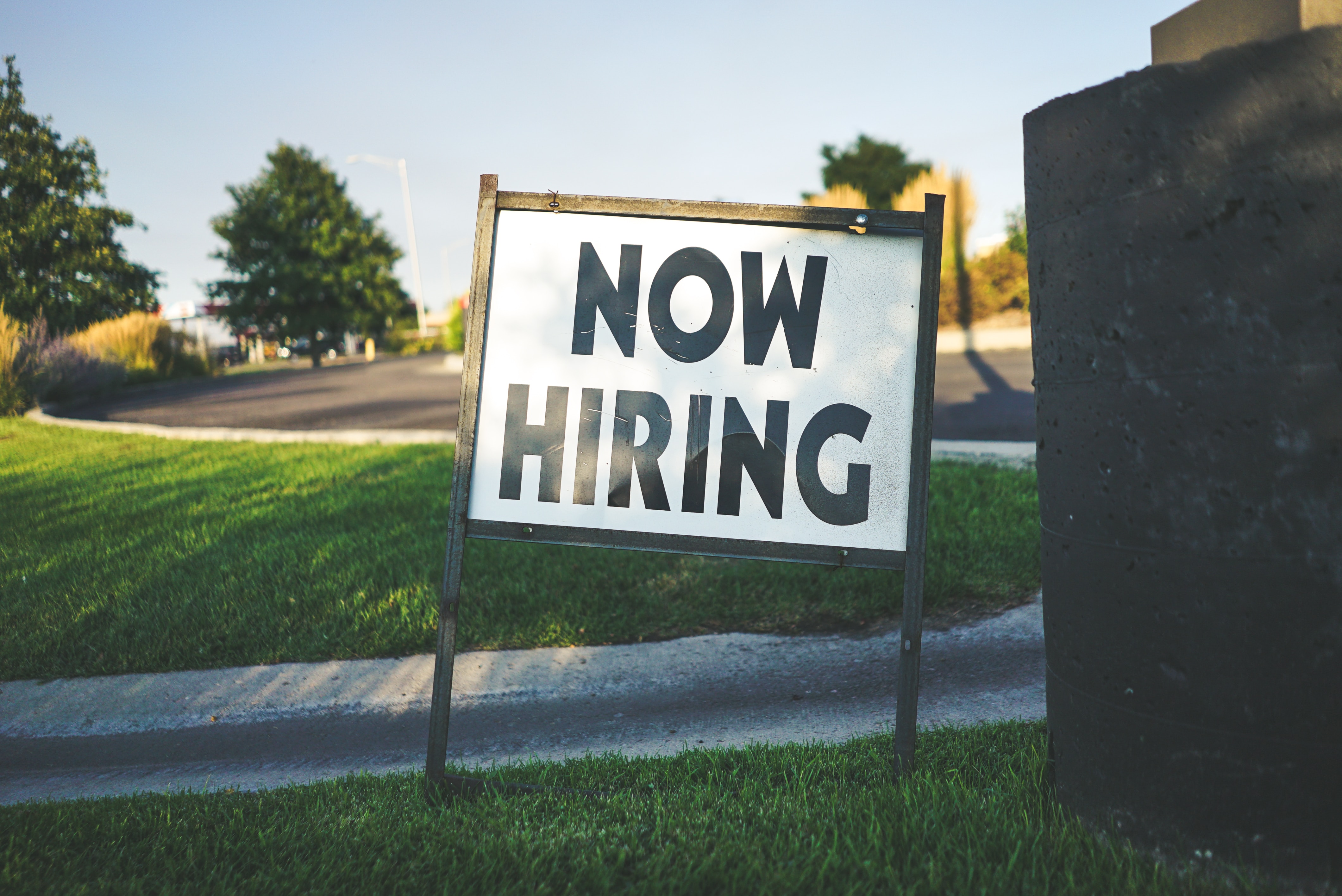 A roadway with a curb with green grass, on it a white lawn sign that says now hiring in black letters.