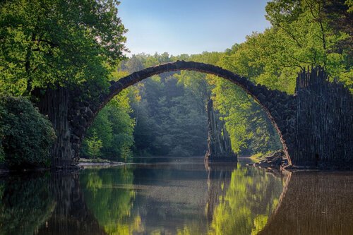Hypnosis thumbnail - an old stone bridge crosses a tranquil lake, with trees on either side. The water shows their reflection