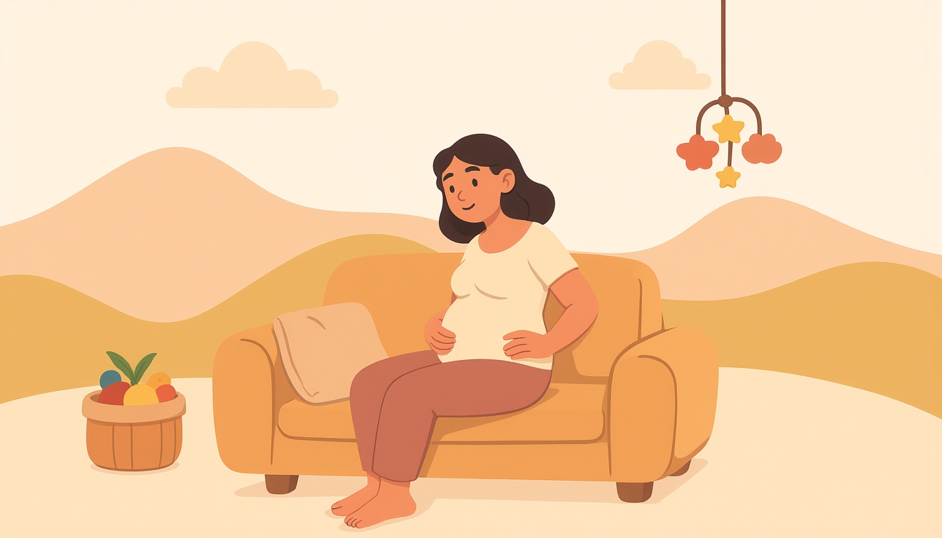 Pregnant person in the second trimester using pillows to support their lower back while stretching at home