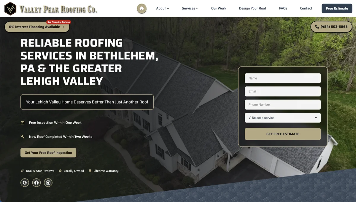 Valley Peak Roofing Co Website - Desktop