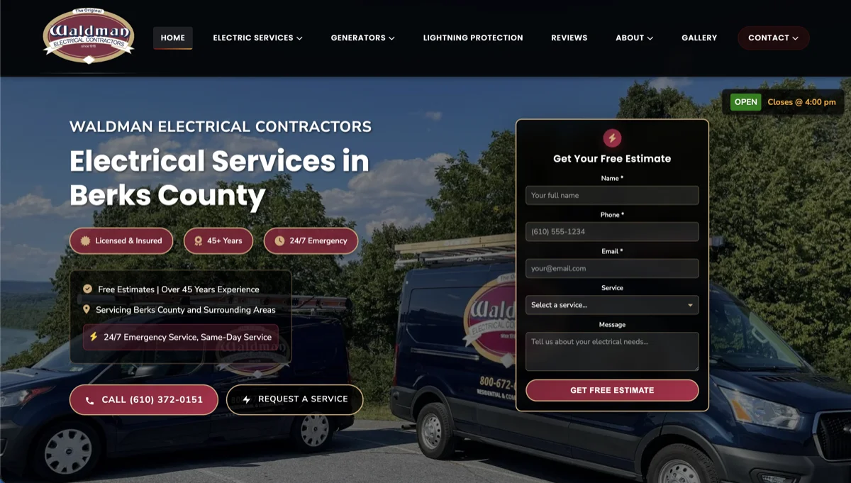 Waldman Electric responsive website showcasing electrical services and dynamic hours display - Reading PA web design