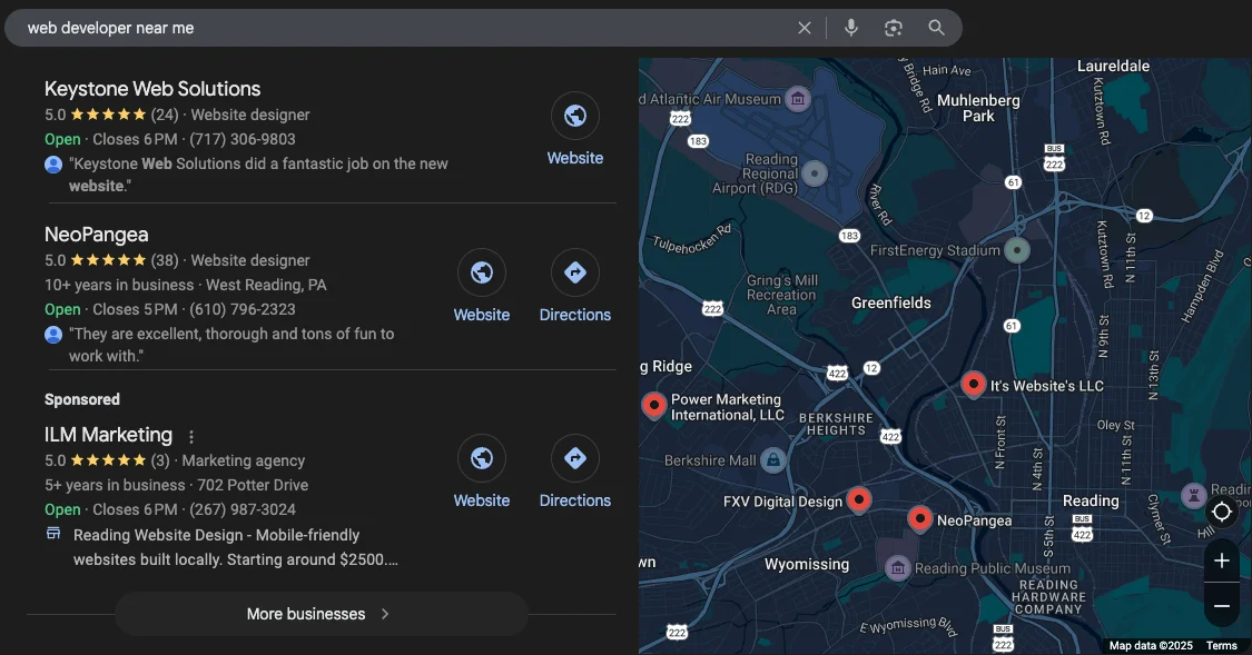 Google Maps search results showing top 3 local businesses in map pack