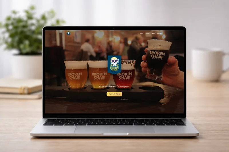 Broken Chair Brewery website on MacBook, iPhone, iPad, and desktop monitor mockups