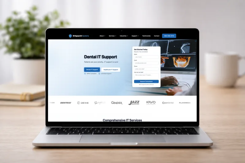 Bridgepoint Systems website on MacBook, iPhone, iPad, and desktop monitor mockups