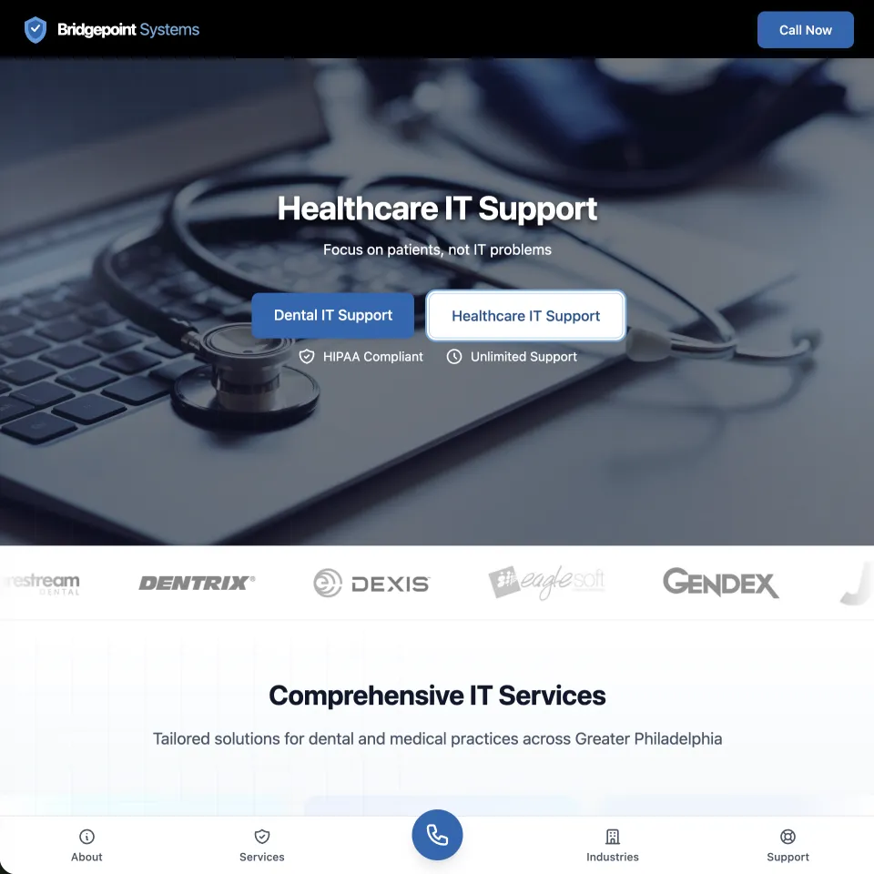 Bridgepoint Systems healthcare IT services website with managed support and HIPAA-compliant infrastructure