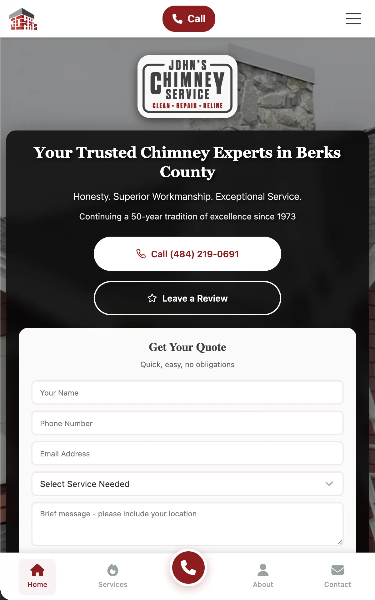 John's Chimney Service website with mobile-first design and service booking