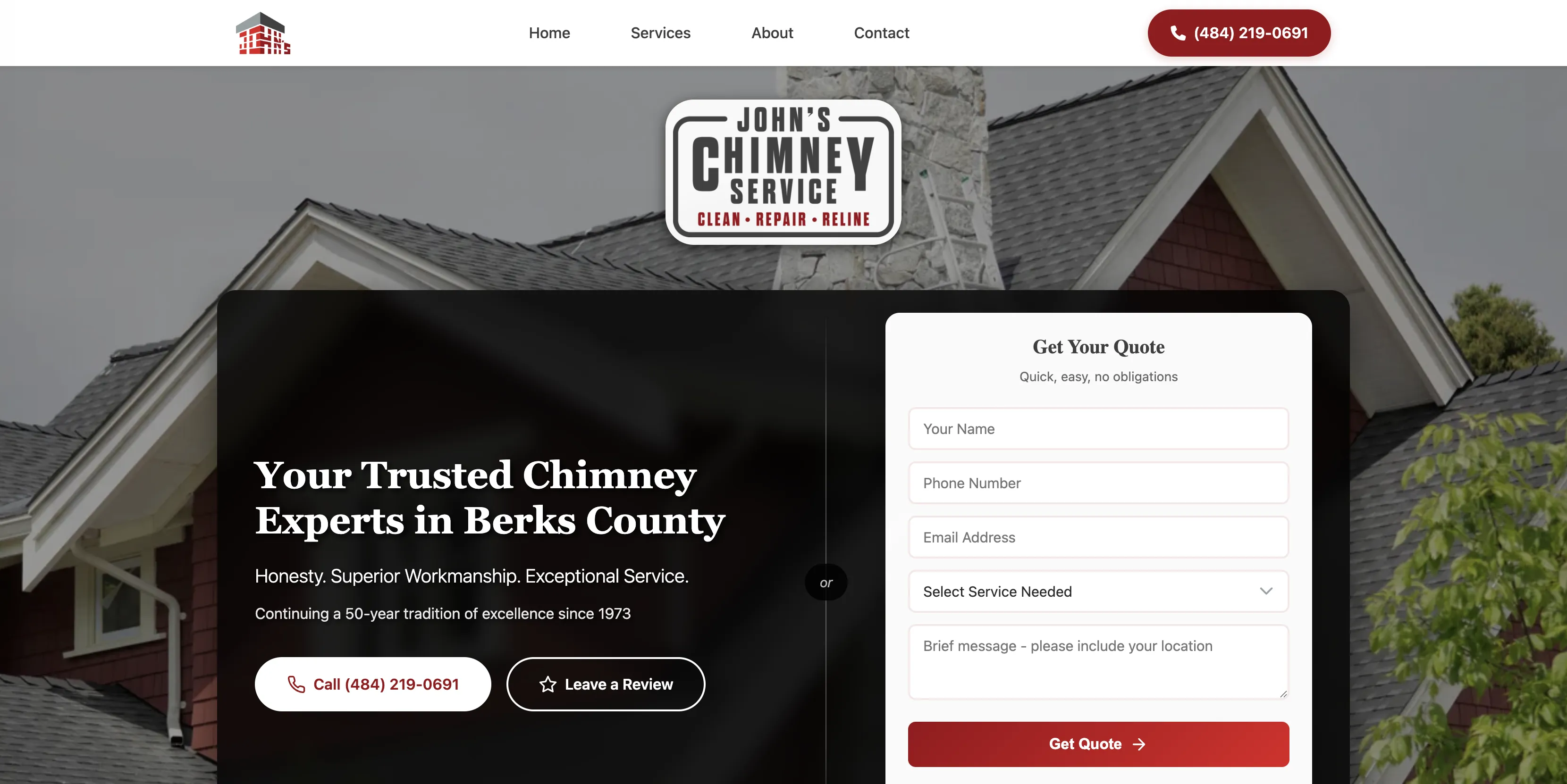 Custom website designed for John's Chimney Service, a local home services company