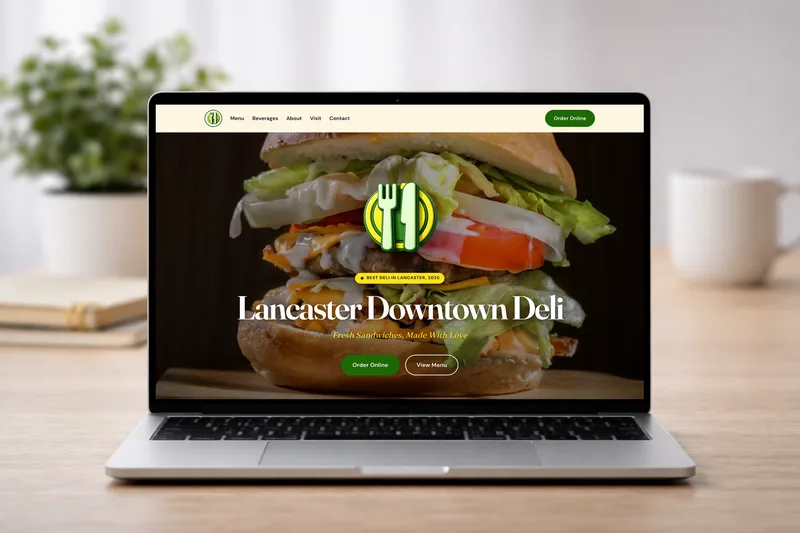 Lancaster Downtown Deli website on MacBook, iPhone, iPad, and desktop monitor mockups