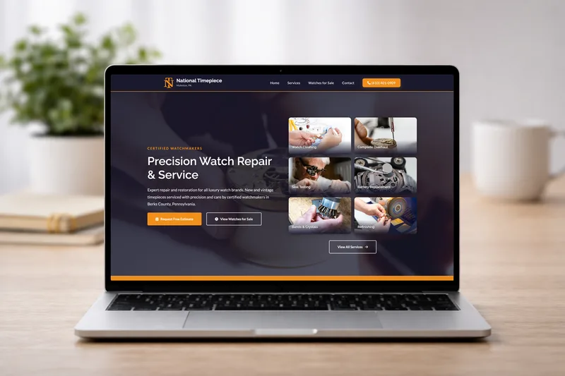 National Timepiece website on MacBook, iPhone, iPad, and desktop monitor mockups