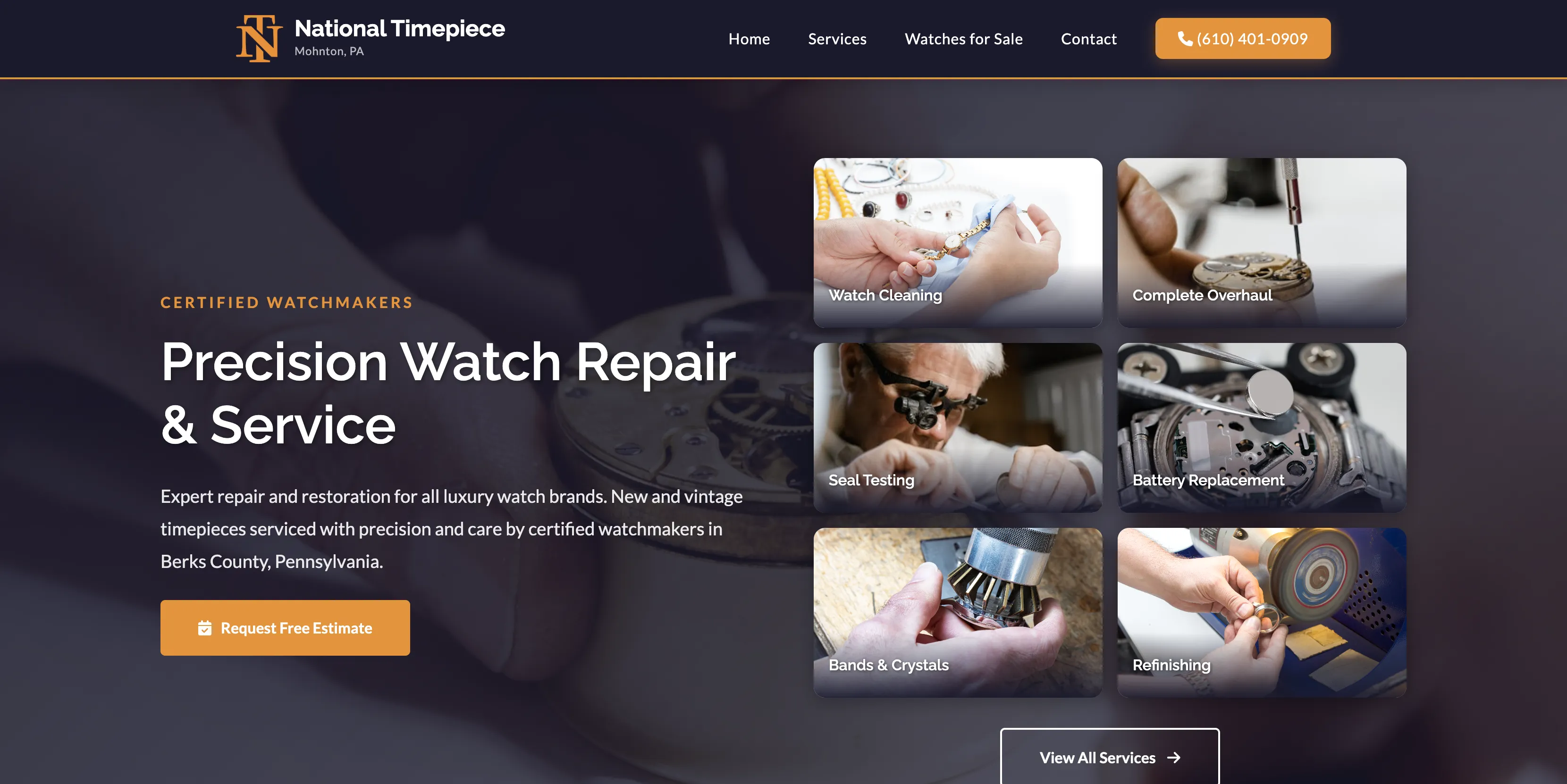 Custom website designed for National Timepiece, a luxury watch repair business