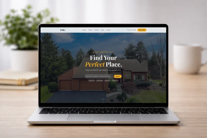 Property Management Group website on MacBook, iPhone, iPad, and desktop monitor mockups