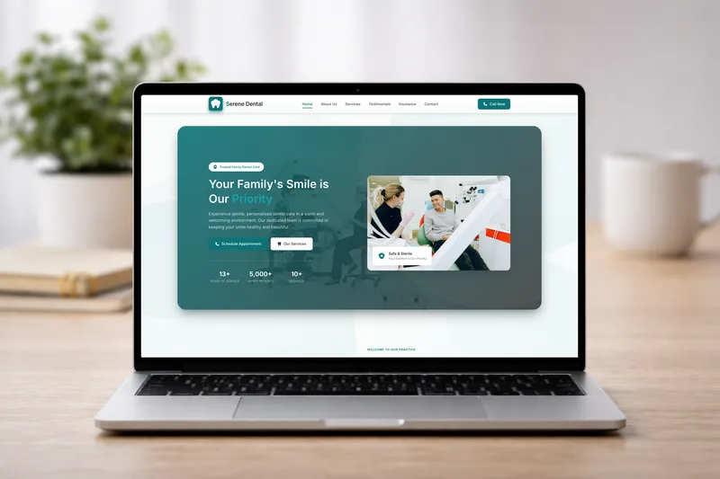 Serene Dental website on MacBook, iPhone, iPad, and desktop monitor mockups