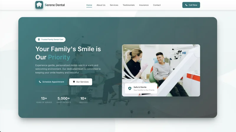 Serene Dental modern website concept with teal design, hero section featuring family dental care messaging and appointment booking