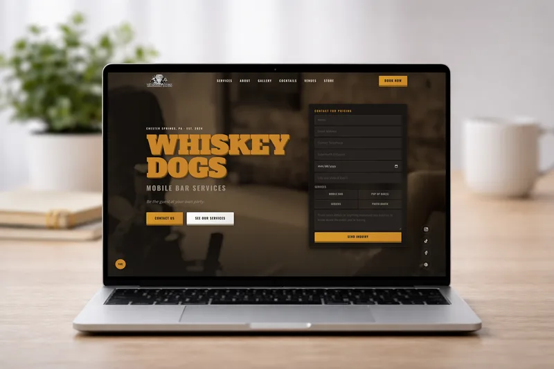Whiskey Dogs LLC website on MacBook, iPhone, iPad, and desktop monitor mockups