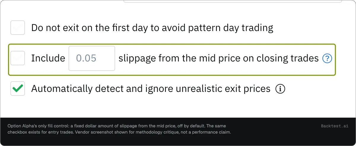 Option Alpha backtest setting: include a fixed 0.05 slippage from the mid price on closing trades, shown unchecked and boxed.