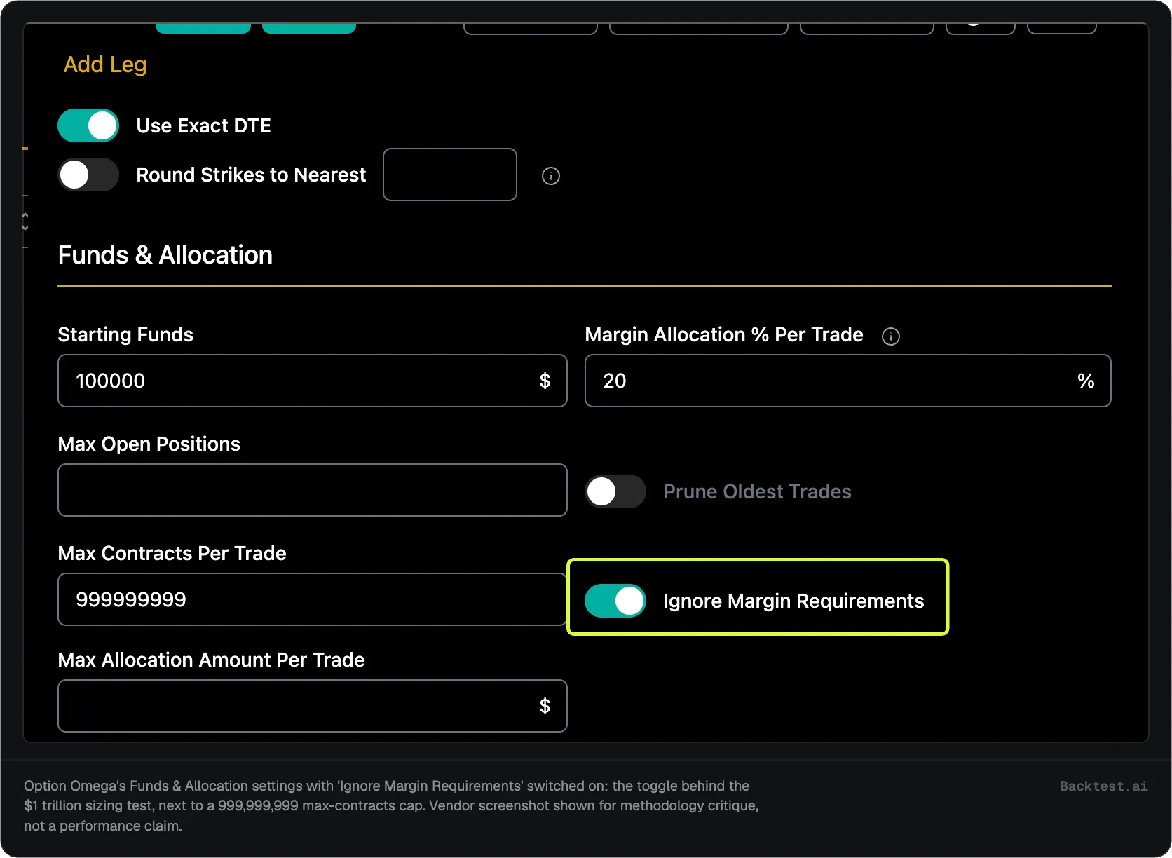Option Omega Funds and Allocation settings with Ignore Margin Requirements toggled on and boxed, next to a max contracts per trade field reading 999999999.