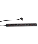 PDU 9x Schuko, 19", 1U, cablu 2m,comutator on/off negru,ALU