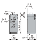 Limitator de cursa, K SERIES, TOP PUSH ROD PLUNGER, 1 BOTTOM CABLE ENTRY. DIMENSIONS TO EN 50047, PLASTIC BODY, CONTACTS 2NO SLOW BREAK. METAL PLUNGER