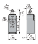 Limitator de cursa, K SERIES, TOP ROLLER PUSH PLUNGER, 1 BOTTOM CABLE ENTRY. DIMENSIONS TO EN 50047, PLASTIC BODY, CONTACTS 1NO+1NC SLOW BREAK MAKE BEFORE BREAK. PLASTIC ROLLER