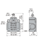 Limitator de cursa, K SERIES, TOP ROLLER PUSH PLUNGER, 2 SIDE CABLE ENTRY. DIMENSIONS COMPATIBLE TO EN 50047, PLASTIC BODY, CONTACTS 1NO+1NC SLOW BREAK MAKE BEFORE BREAK. PLASTIC ROLLER