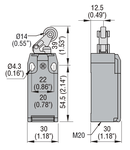 Limitator de cursa, K SERIES, ROLLER CENTRE PUSH LEVER, 1 BOTTOM CABLE ENTRY. DIMENSIONS TO EN 50047, PLASTIC BODY, CONTACTS 1NO+1NC SLOW BREAK MAKE BEFORE BREAK. PLASTIC ROLLER