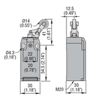 Limitator de cursa, K SERIES, ROLLER SIDE PUSH LEVER, 1 BOTTOM CABLE ENTRY. DIMENSIONS TO EN 50047, PLASTIC BODY, CONTACTS 1NO+1NC SLOW BREAK MAKE BEFORE BREAK. PLASTIC ROLLER