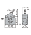 Limitator de cursa, K SERIES, ROLLER SIDE PUSH LEVER, 2 SIDE CABLE ENTRY. DIMENSIONS COMPATIBLE TO EN 50047, PLASTIC BODY, CONTACTS 1NO+1NC SLOW BREAK MAKE BEFORE BREAK. PLASTIC ROLLER