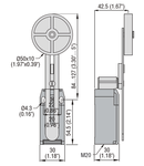 Limitator de cursa, K SERIES, ADJUSTABLE ROLLER LEVER, 1 BOTTOM CABLE ENTRY. DIMENSIONS TO EN 50047, PLASTIC BODY, CONTACTS 1NO+1NC SLOW BREAK MAKE BEFORE BREAK. RUBBER ROLLER