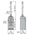 Limitator de cursa, K SERIES, WOBBLE STICK, OMNIDIRECTIONAL, 1 BOTTOM CABLE ENTRY. DIMENSIONS TO EN 50047, PLASTIC BODY, CONTACTS 1NO+1NC SLOW BREAK MAKE BEFORE BREAK. FLEXIBLE ROD