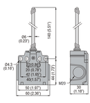 Limitator de cursa, K SERIES, WOBBLE STICK, OMNIDIRECTIONAL, 2 SIDE CABLE ENTRY. DIMENSIONS COMPATIBLE TO EN 50047, PLASTIC BODY, CONTACTS 1NO+1NC SLOW BREAK MAKE BEFORE BREAK. FLEXIBLE ROD