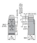 Limitator de cursa, K SERIES, HINGE OPERATING, 1 BOTTOM CABLE ENTRY. DIMENSIONS TO EN 50047, PLASTIC BODY, CONTACTS 2NC SLOW BREAK. SHORT CYLINDER SHAFT