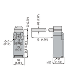 Limitator de cursa, K SERIES, HINGE OPERATING, 1 BOTTOM CABLE ENTRY. DIMENSIONS TO EN 50047, PLASTIC BODY, CONTACTS 2NC SLOW BREAK. LONG SOLID SHAFT