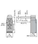 Limitator de cursa, K SERIES, HINGE OPERATING, 1 BOTTOM CABLE ENTRY. DIMENSIONS TO EN 50047, PLASTIC BODY, CONTACTS 2NC SLOW BREAK. LONG SOLID SHAFT WITH REDUCTION