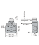 Limitator de cursa, K SERIES, HINGE OPERATING, 2 SIDE CABLE ENTRY. DIMENSIONS COMPATIBLE TO EN 50047, PLASTIC BODY, CONTACTS 2NC SLOW BREAK. LONG SOLID SHAFT