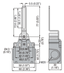 Limitator de cursa, K SERIES, SLOTTED LEVER, 2 SIDE CABLE ENTRY. DIMENSIONS COMPATIBLE TO EN 50047, PLASTIC BODY, CONTACTS 2NC SLOW BREAK