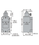 PLASTIC Limitator de cursa, T SERIES (DIMENSIONS TO EN 50041), TOP PUSH ROD PLUNGER, cu buton reset, CONTACTS 1NO+1NC SLOW ACTION. STEEL PLUNGER