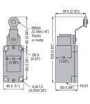 PLASTIC Limitator de cursa, T SERIES (DIMENSIONS TO EN 50041), ROLLER LEVER, WITHOUT RESET BUTTON, CONTACTS 1NO+1NC SLOW ACTION. PLASTIC ROLLER Ø20X5MM