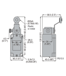 PLASTIC Limitator de cursa, T SERIES (DIMENSIONS TO EN 50041), ROLLER LEVER, cu buton reset, CONTACTS 1NO+1NC SLOW ACTION. PLASTIC ROLLER Ø20X5MM