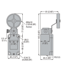 PLASTIC Limitator de cursa, T SERIES (DIMENSIONS TO EN 50041), ROLLER LEVER, cu buton reset, CONTACTS 1NO+1NC SLOW ACTION. RUBBER ROLLER Ø50X10MM