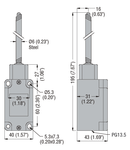 PLASTIC Limitator de cursa, T SERIES (DIMENSIONS TO EN 50041), WOBBLE STICK, OMNIDIRECTIONAL, WITHOUT RESET BUTTON, CONTACTS 1NO+1NC SNAP ACTION. FLEXIBLE ROD