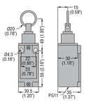 ROPE-PULL LEVER Limitator de cursaES FOR NORMAL STOPPING, ROPE LEVER FOR NORMAL STOPPING (EN 50047), WITHOUT RESET BUTTON, CONTACTS 1NO+1NC SNAP ACTION. STEEL RING